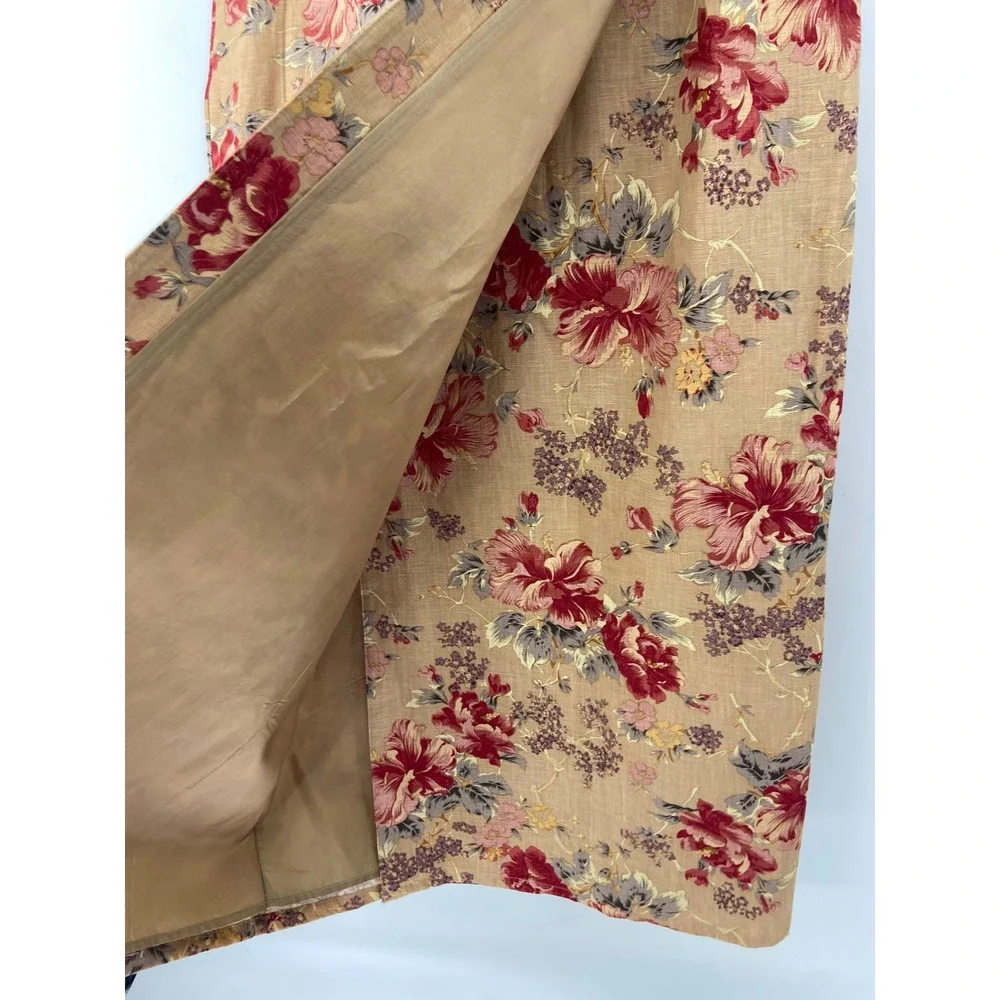Vintage Cottagecore Floral Linen Skirt 12 Tan Country Wrap Midi Preppy Old Money